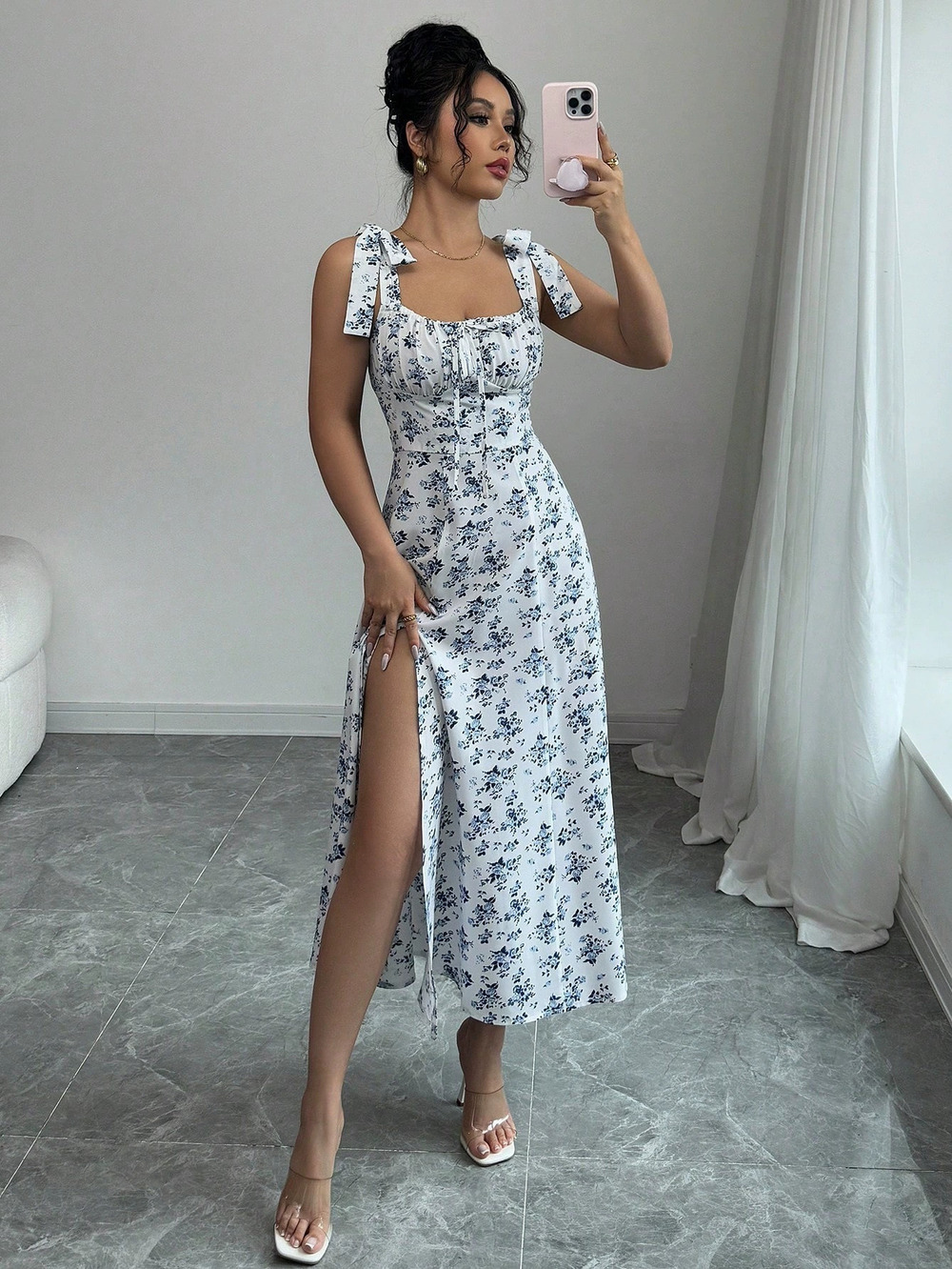 ZARA Sweet Summer Floral Square Neck Spaghetti Strap Long Dress with Side Slit